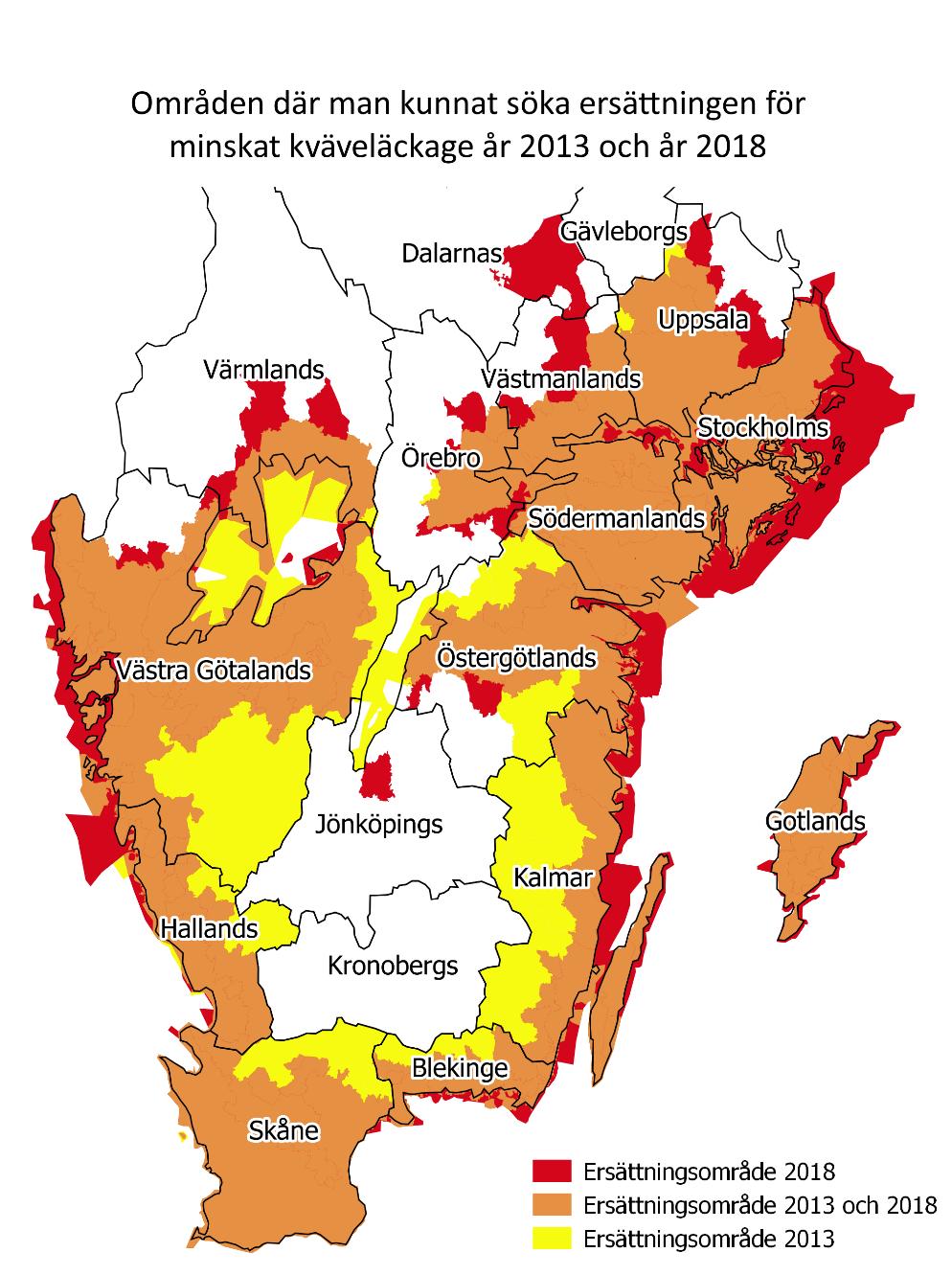 Figur 2 Kartan visar området där man kan få miljöersättning för minskat kväveläckage i programperiod 2014 2020, i rött och orange. Detta är nitratkänsligt område.