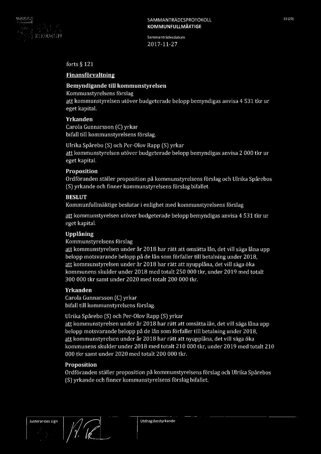 SAMMANTRÄDESPROTOKOLL 13123) KOM MUNFULLMÄKTIGE KOIVIMUN Sammanträdesdaium forts 121 Finansförvaltnin Bemyndigande till kommunstyrelsen att kommunstyrelsen utöver budgeterade belopp bemyndigas anvisa