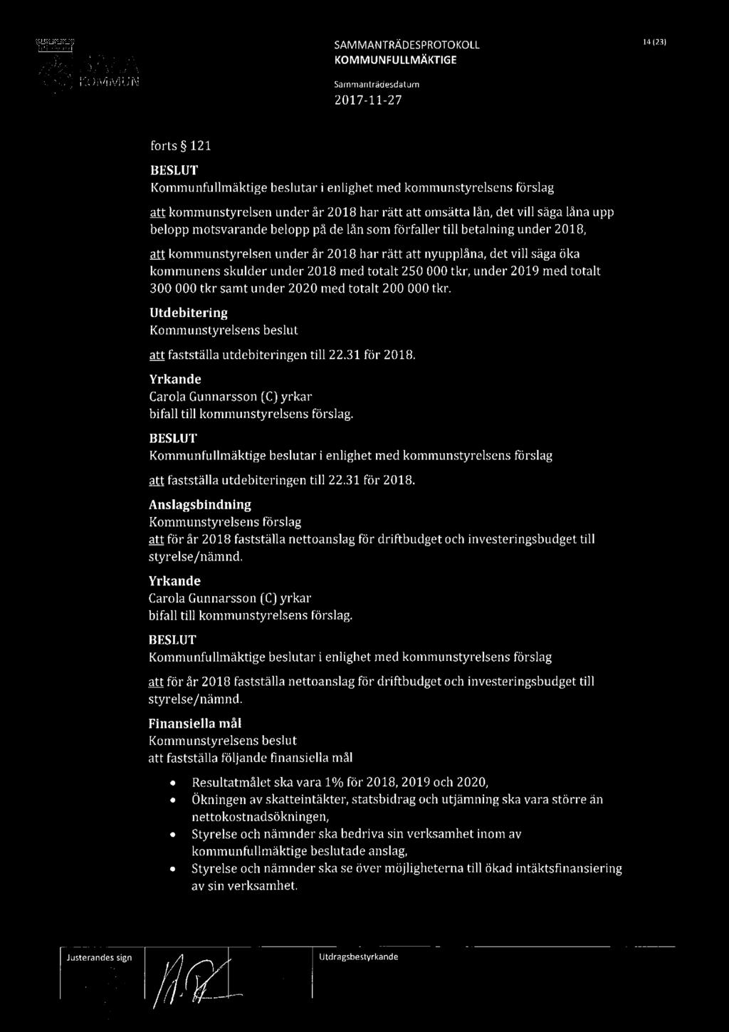 ' SALA SAMMANTRÄDESPROTOKOLL FULLMÄKTIGE 201 7-1 1-27 14l23l forts 121 Kommunfullmäktige beslutar i enlighet med kommunstyrelsens förslag a_tt kommunstyrelsen under är 2018 har rätt att omsätta län,