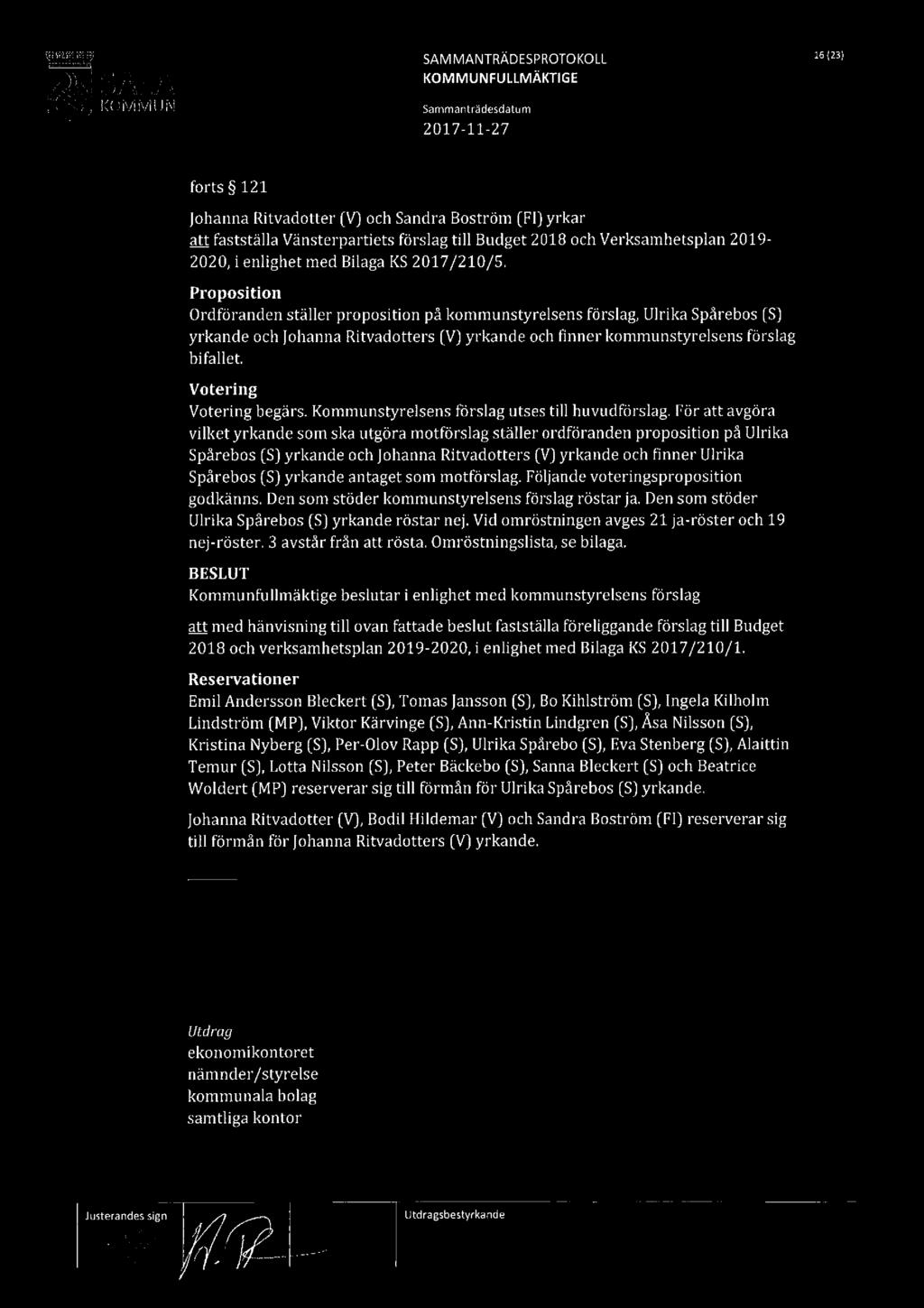 , SALA SAM MANTRÄDESPROTOKOLL 15m) FULLMÄKTIGE forts 121 Johanna Ritvadotter [V] och Sandra Boström [Fl] yrkar & fastställa Vänsterpartiets förslag till Budget 2018 och Verksamhetsplan 2019-2020, i