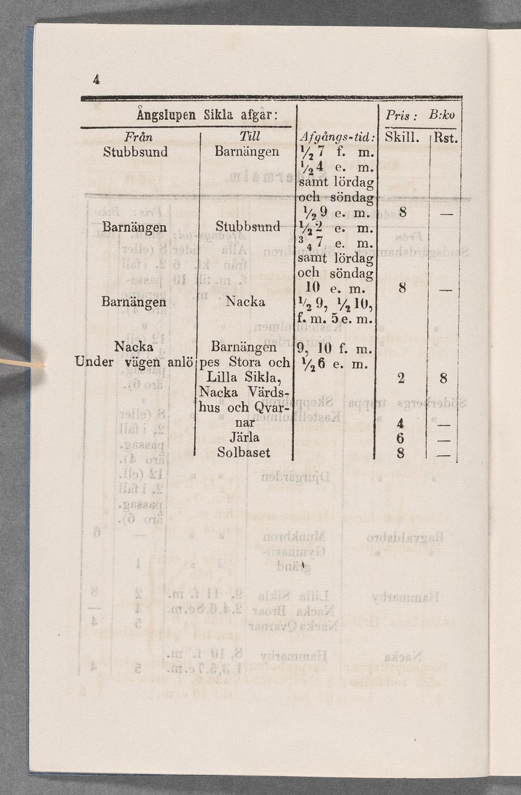 * ÃngsupenSika afgâr: Från Ti y Stubbsund Barnängen Afgångs-iid: 1/17 f. m. 1/24 5 samt ördag Pris I: 33/60 Ski. Rst.