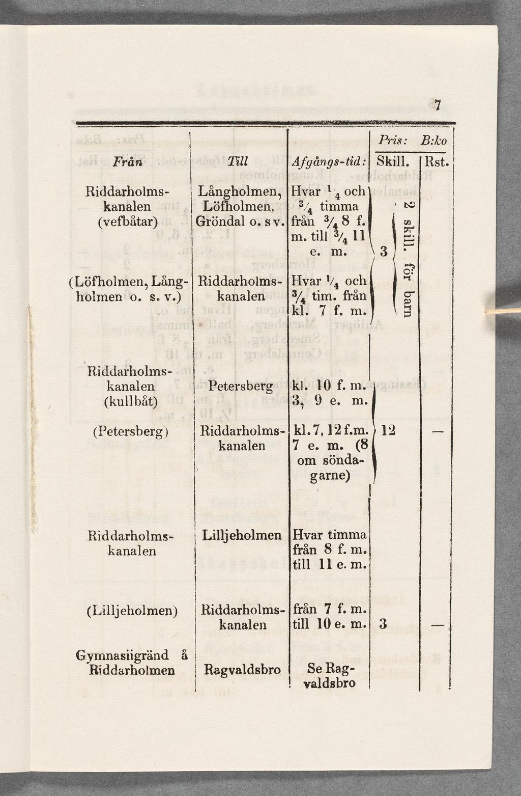 Frá n Ti Afgångs-tid: Riddarhomskanaen (vefbåtar) (Löfhomen, Långhomen o. s.v.) Långhomen, Löfhomen, Grönda o. s v. Riddarhomskanaen Hvar 4 och 3/4 timma från 3/ 8 f. m. ti 4 11 Hvar U4 och 3/4 tim.