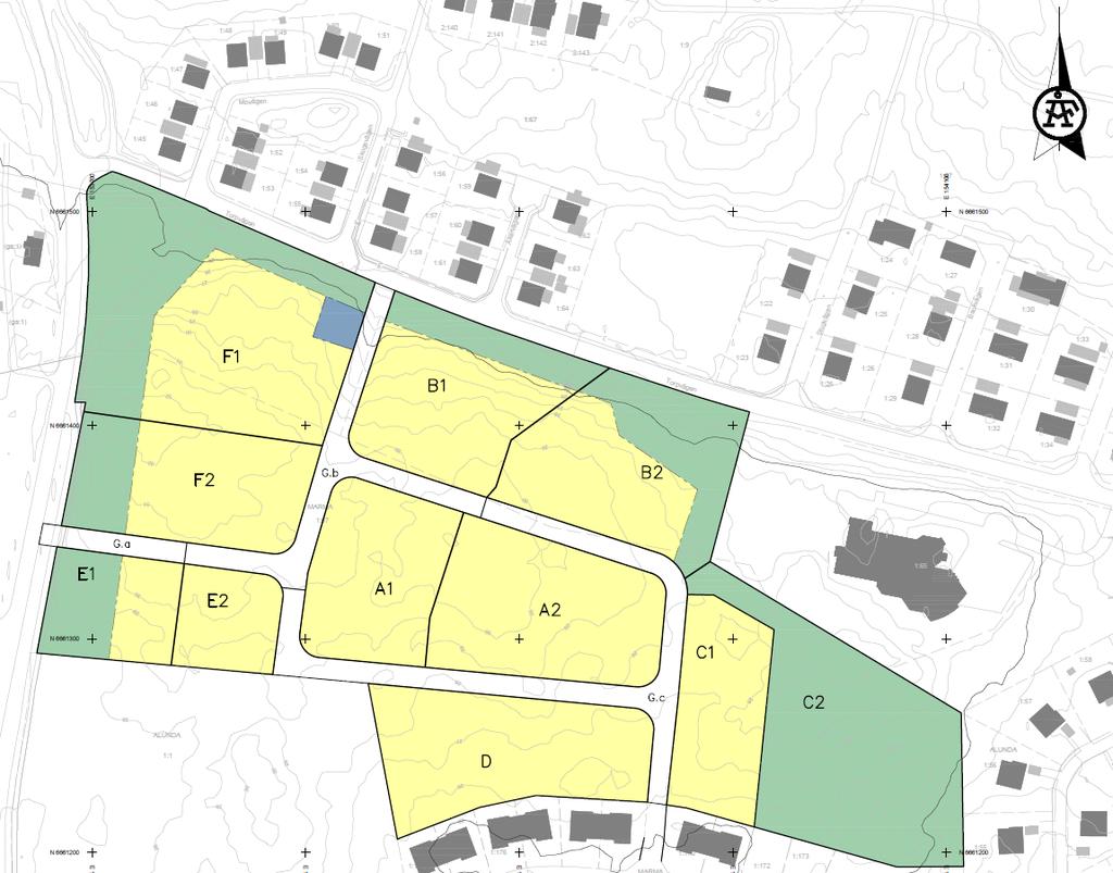 Figur 9. Indelning av planområdet i 6 delområden A-F, deras inbördes uppdelning (1-2) samt lokalgatan (G. a-c). Gult = kvartersmark, grönt = naturmark. Tabell 1. Area för befintlig markanvändning.
