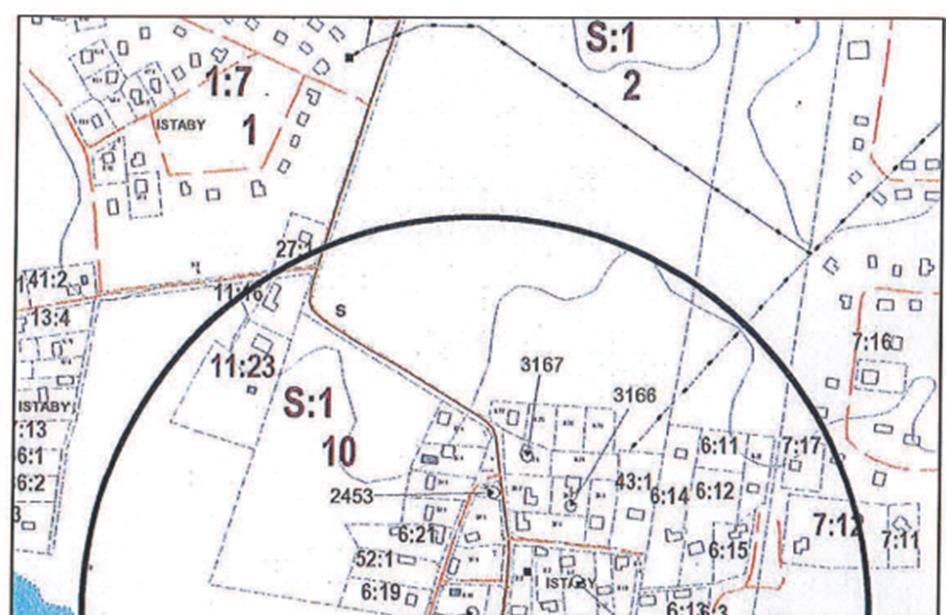 Figur 16 Praktiskt influensområde omkring brunn 231A, här kallad 1201, (Geo Scania, 2013).