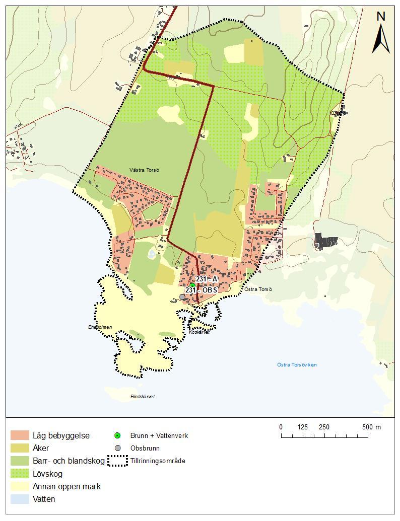 6 MARKANVÄNDNING I Figur 18 framgår markanvändningen inom tillrinningsområdet som består av bostadsbebyggelse (Västra och östra Torsö), åker och betesmark samt skogsmark.
