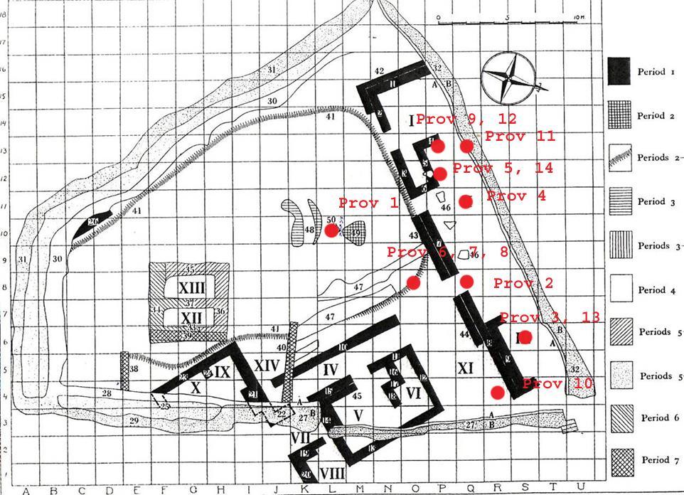 Fig. 2 Schaktplan från Ayia Irini, röda punkter markerar rutorna varje prov påträffades i.(gjerstad et. al. 1935:665) 3. Analysteknik och material 3.