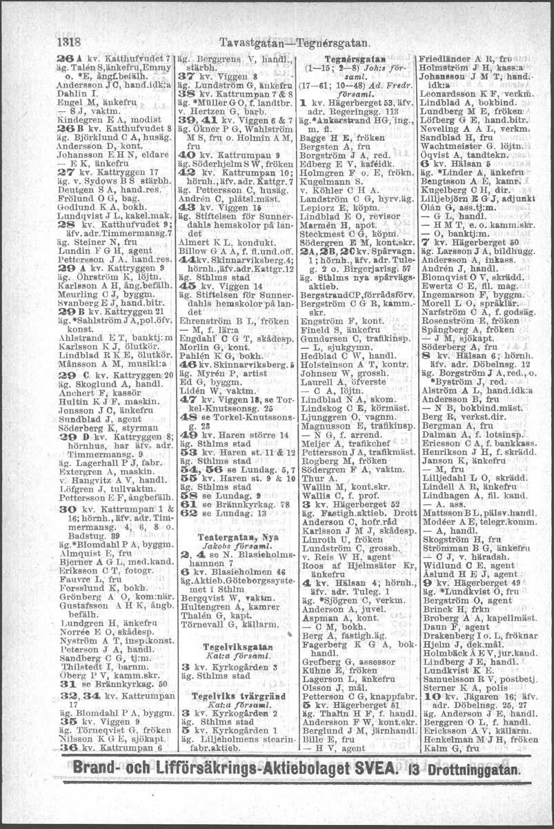 1318 26 Å kv. Kattlmfv'udet 7 äg. Talen S,änkefrq,Emmy o. -E, ångf.belälh.. Andersson J C, hand.idkia Dahlin I. Engel M, änkefru - SJ, vaktm. l\indegren E A, modist 26 B kv. Katthufvudet 8 äg.