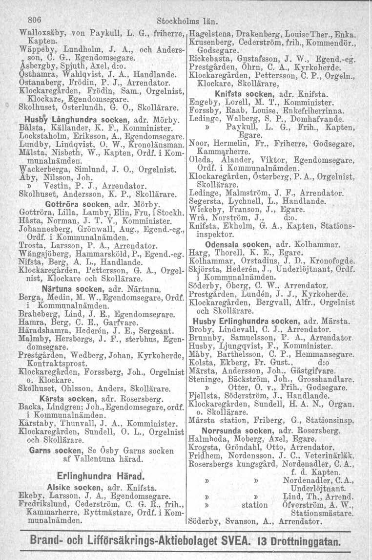 806 Stockholms län. Walloxsäby, von Paykull, L. G., friherre, Hagelstena, Drakenberg, Louise Ther., Enka. Kapten. Krusenberg, Cederström. frih., Kommendör., Wäppeby, Lundholm. J. A.
