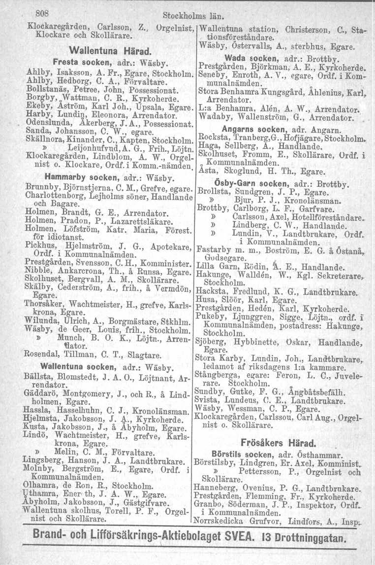 808 Stockholms län. Klockaregården, Carlsson, Z., Orgelnist, Wallentuna station, Christerson, C., Sta- Klockare och Skollärare. tionsföreståndare. Wäsby, Östervalls, A., sterbhus, Egare.