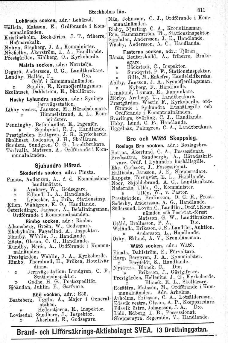 Stockholms län. 811 Lohärads socken, adr.: Lohärad.i Näs, Johnsson, C. J., Ordförande i Kom- Hållsta Matsson E. Ordförande i Kom- munalnämden. munainämden.', Risby, Njurling, C. A., Kronolänsman.