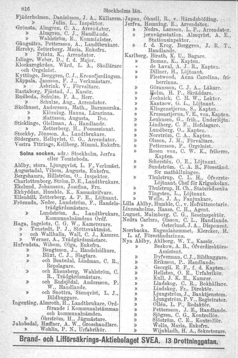 816 Stockholms län. Fjäderholmen, Danielsson, J. A., Källarem. Japan, Öhnell, R., v. Häradshöfding.» Julin, L., Inspektor. Jerfva, Hemning, E., Arrenda'tor. Grönsta, Almgren, C. A., Arrendator, }) Nedra, Larsson, L.