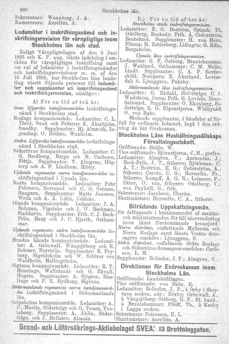 800 Stoekholms län. Sekreterare: Wennberg. J. A. Kamererare: Aurelins. A. ledamöter i inskrifningsnämd och inskrifningsreviaion för värnpligtige inom Stockholms län och stad.