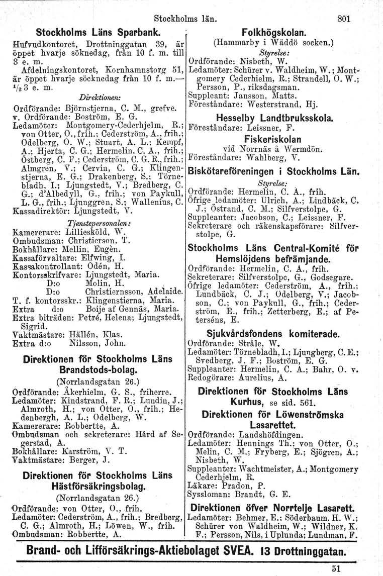 Stockholms län. 801 Stockholms Läns Sparbank. Folkhögskolan. Huivudkontoret, Drottninggatan 39, är (Hammarby i Wäddö socken.) öppet hvarje söknedag, från 10 r. m. till Styrelse: 3 e. m. Ordförande: Nisbeth, W.