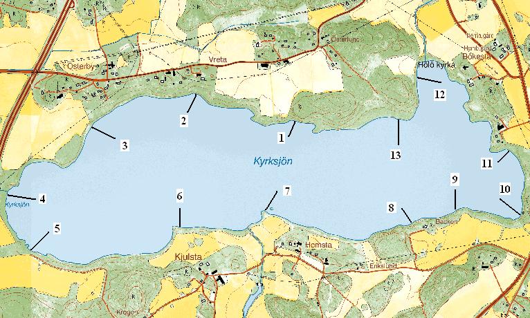Figur 7. Ungefärliga lägen och sträckningar för transekter som inventerades i Kyrksjön, 2009. Figur 8. Omgivningen runt Kyrksjön består till största delen av jordbruksmark.