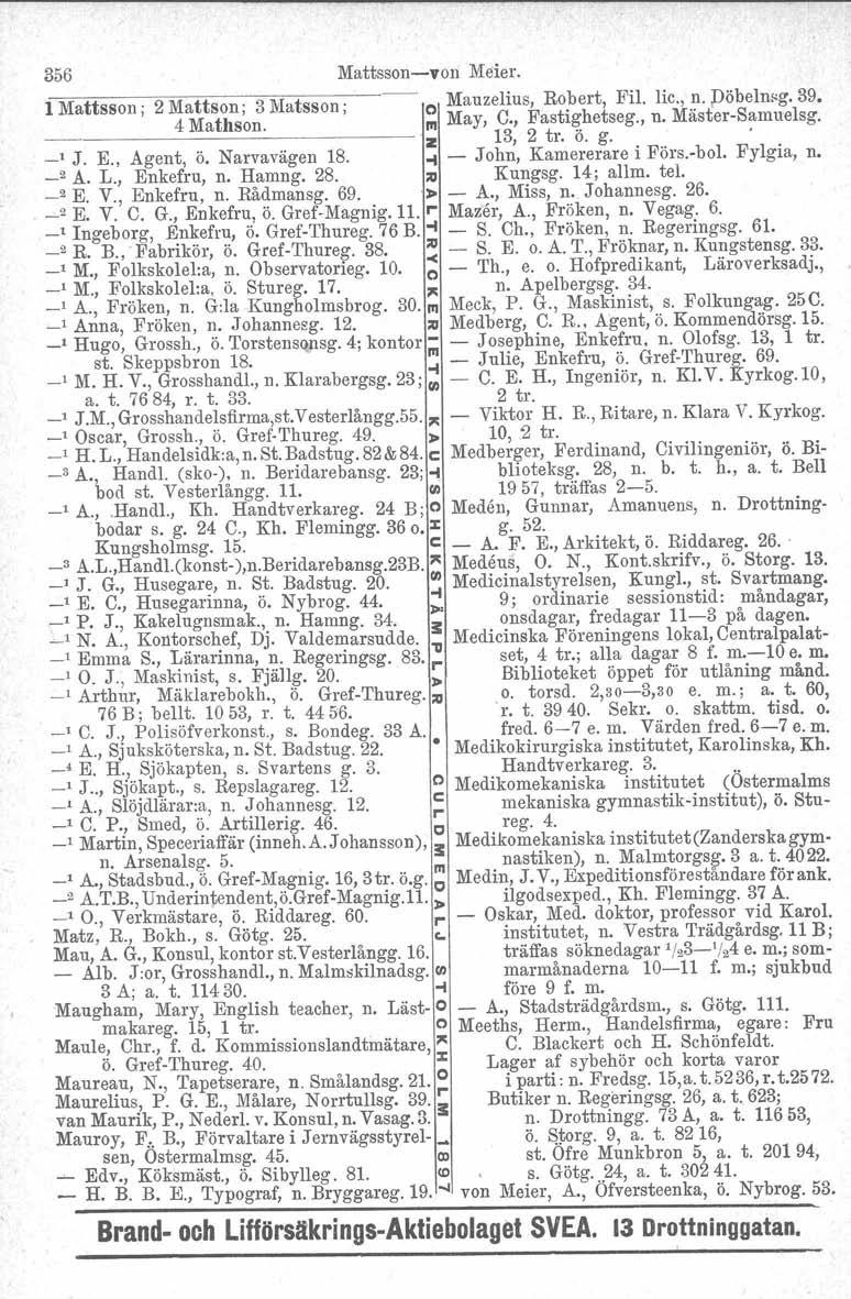 356 Mattssonvon Meier. l Mattsson; 2 Mattson ; 3 Matsson ; o Mauzelius, Ro.bert, Fil. lic.,~. Döbelnsg. 39. 4 Mathson. III May, C., Fastighetseg., n. MasterSamuelsg. I Z 13, 2 tro ö. g.. _, J. E.