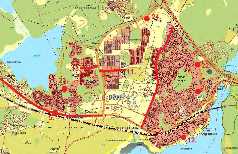 38 av 94 Kungsängen, projekt med prioritet 1 och 2. 5. Belysning av Enköpingsvägen vid Höganäsvägen 7. Enköpingsvägen förbi Sylta och Sandgrind 8. Utredning av Bygdegårdsvägen och Västra Rydsvägen 11.