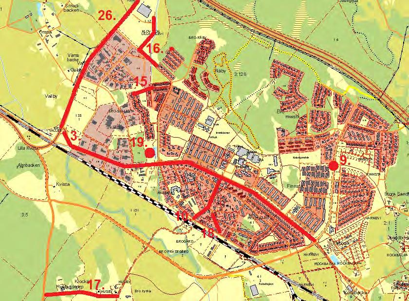 39 av 94 Bro, projekt med prioritet 1 och 2. 3. Regional gång- och cykelväg genom Bro samt översyn av gaturummet på Enköpingsvägen 15. Gång- och cykelväg mellan Beckasinvägen och Brushanevägen 9.