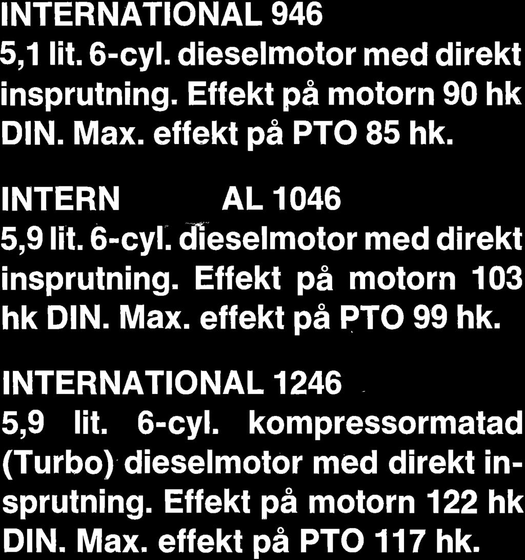 Effekt pi motorn 103 hk DlN. Max. effekt pa PTO 99 hk. INTERNATIONAL 1246 5,9 lit. 6-cyl.