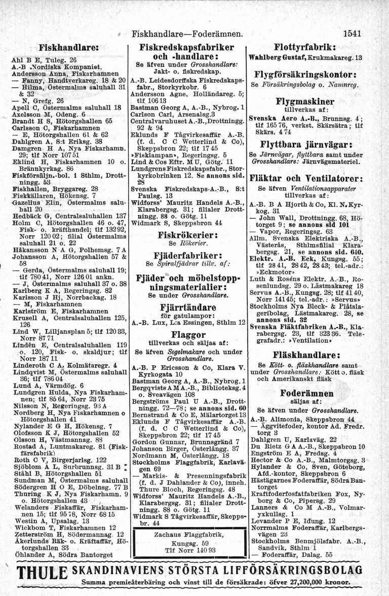 'jpersg. Fiskhandlare: r Ah1 B E, Tuleg. 26 A.B.Nordiska Kompaniet. Anderason Anna, Fiskarhaffinen Fanny, Handtverkareg. 18 & 20 Hilma, Ostermalms saluhall 31 & 32 N, Grefg.