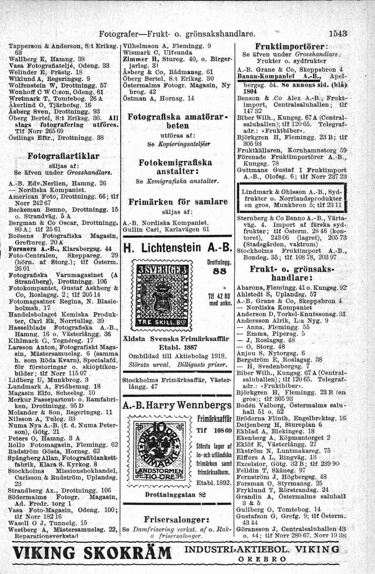 Tapperson & Anderson, S:t Eriksg. 63 Wallberg K, Hamng. 38 Vasa FotografiateljB, Odeng. 33 Weliuder E, ~rastg. 18 Wiklund A Regenngsg. 9 Wolfenstein W, Drottningg. 67 Wonhoff C W C.son, Odeng.