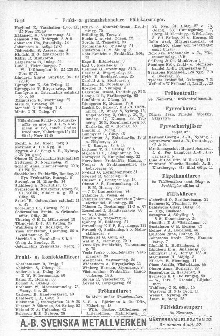 1544 Frukt o. grönsakshandlarefaltskarsstugor. Haglund E, Vasahallen 10 o. 11; Frukt o. Konfekthörnan, Drott St. Nyg. 24, Götg. 27 O. 73, tif Norr 19149 ningg. i9 Odeng. 63, Humlegardsg.