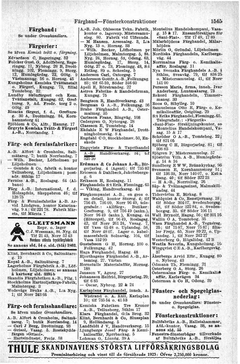 Fiirgband : Se under Cfr~S~handh~e. Firgeiier Z Se afven Kemisk O fagn*. Edvardson C, Regeringsg. 52 Folcker Gust. G, AdoEsberg, Regeringsg. 11, Nybmg. 28 B, Drottnings. 102, Flemingg. 9, Storg.