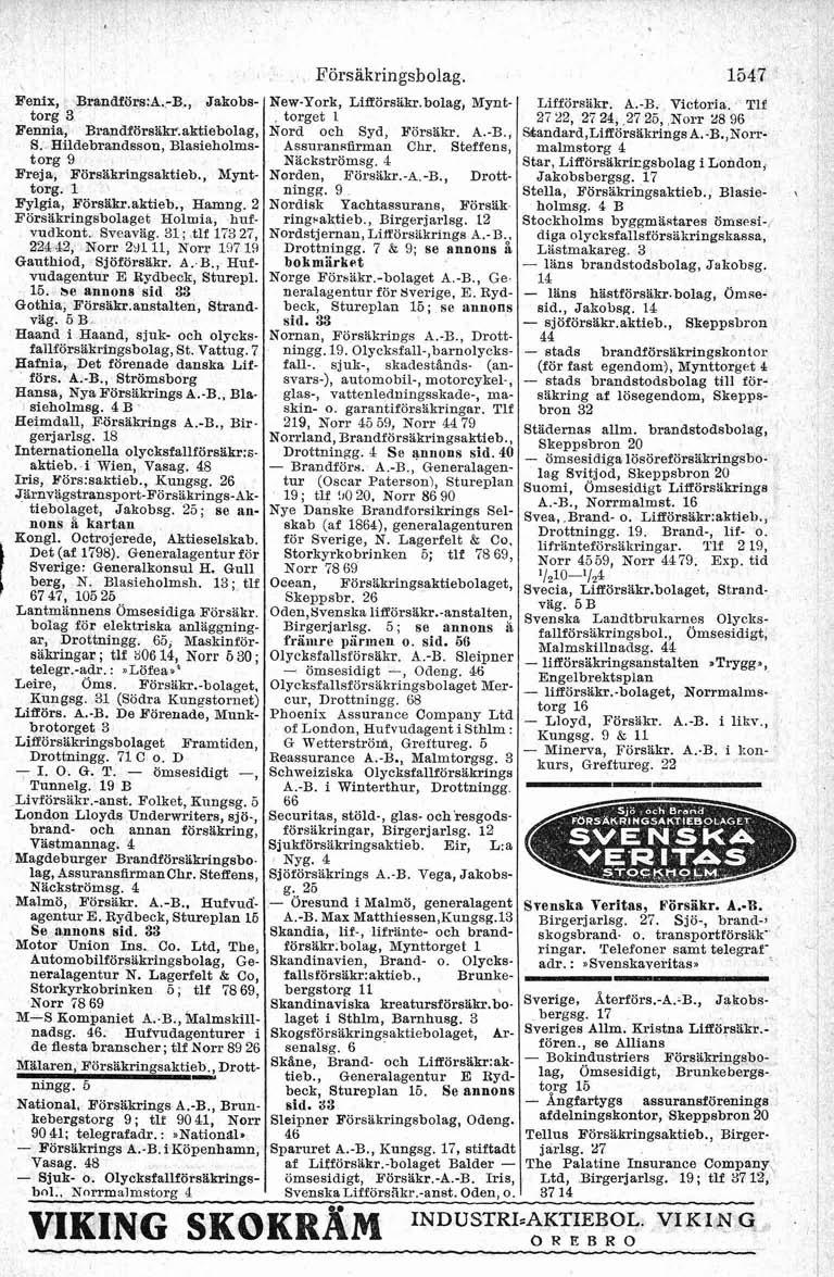 Försäkringsbolag. 1547 Fenix, Brandföra:A.B., Jakobs NewYork, LifförsOkr.bolag, Mynt Lifförshkr. A.B. Victoria. Tlf torg 3, torget 1 27 22, 27 24, 27 26, Norr 28 96 Fennia, Brandförsiikr.
