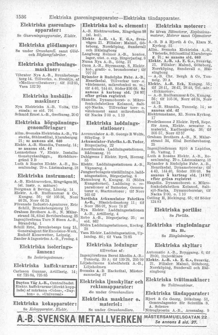 16 Elektriska gasreningsapparaterelektriska taudapparater. Elektriska gasreningsapparater: Se Gasreningsapparater, Elektr. Elektriska glödlampor: Se under Grosshand?. samt Glbdoch Båglarnpfabrzker.
