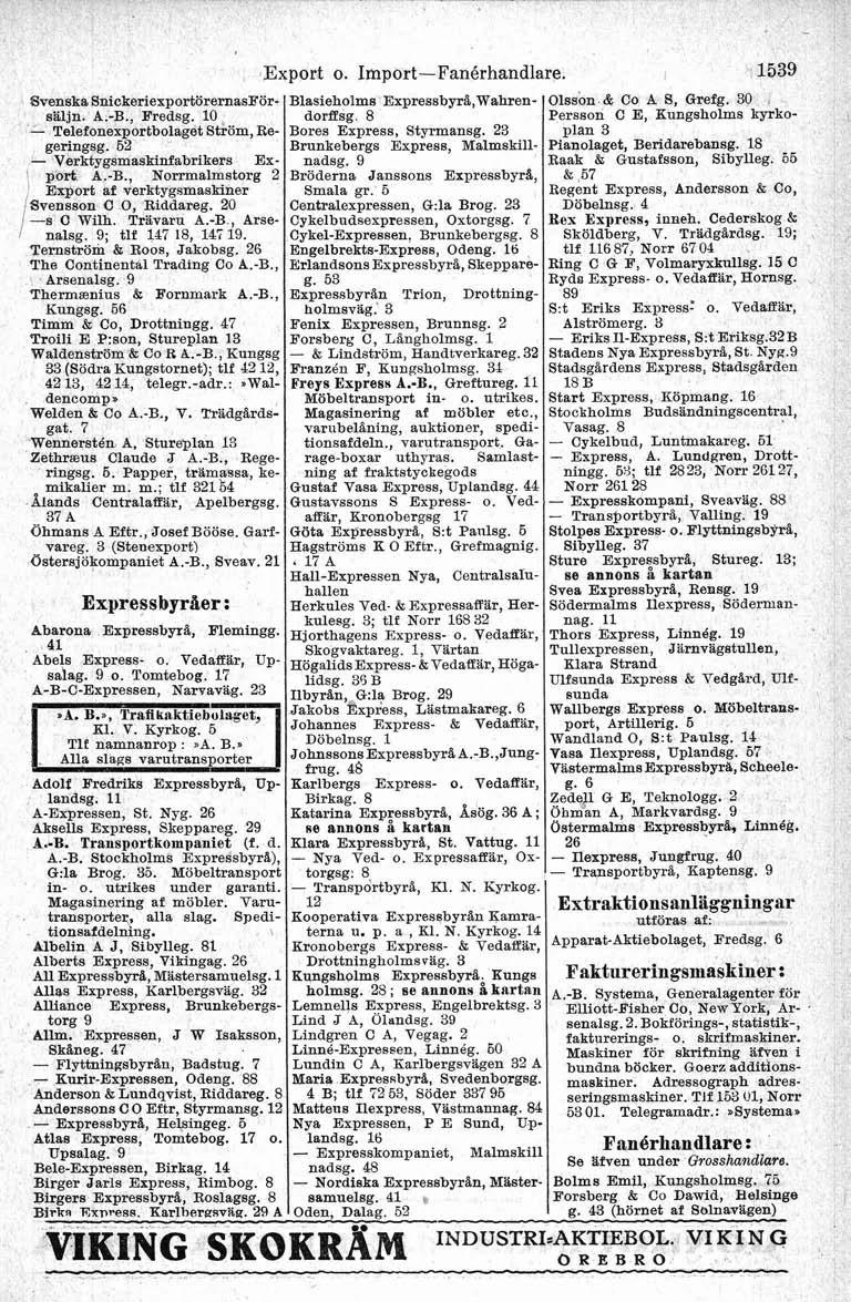 SvenskaSnickeriexportörernasFör Blasieholms Expressbyr%,Wahren Olsson & Co A S, ucrefg. 30 saljn. A.B., Fredsg. 10 Telefonexportbolaget stsöm, Regeringsg. 52 Verktygsmaskinfabrikers Export A.B., Norrmalmstorg 2 j Export af verktygsmaskiner Svensson C O, Riddareg.