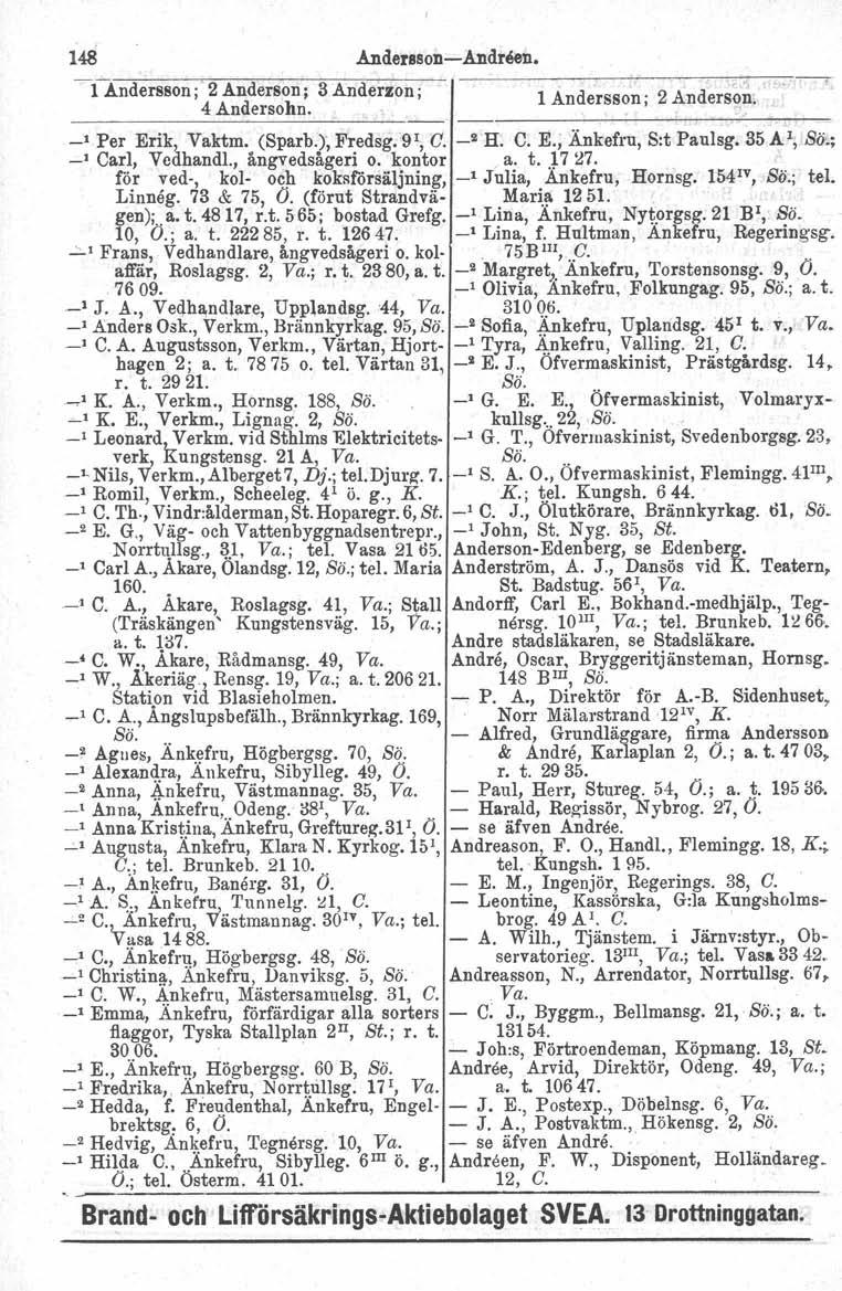 148 Andersson- Andreen. -CAndersson ; 2 Anderson; 3 Anderzon; 4 Andersohn.., _.,,','\!.,!",...-----r 1 Andersson; 2 Anders~~: _I Per Erik, Vaktm. (Sparb.), Fredsg.9r, G. _2 H. C. E., Änkefru, S:t Paulsg.