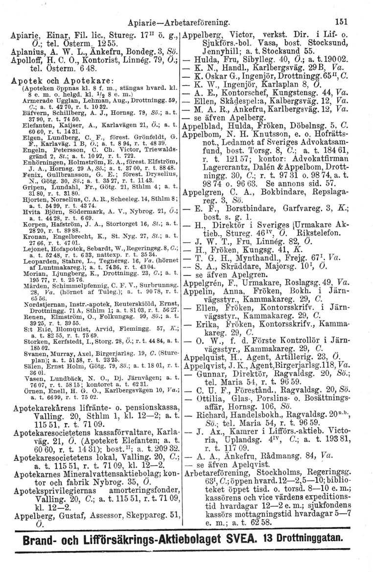 Apiaril), Einar, Fil. lic., Stureg. 17 11 ö. g., O.; tel. Osterm 1255. Aplanius, A. W. L., Ä.nkefru, Bondeg. 3, so. Apolloff, fl. C. O., Kontorist, Linneg. 79, O.; tel. Osterm. 6 48.