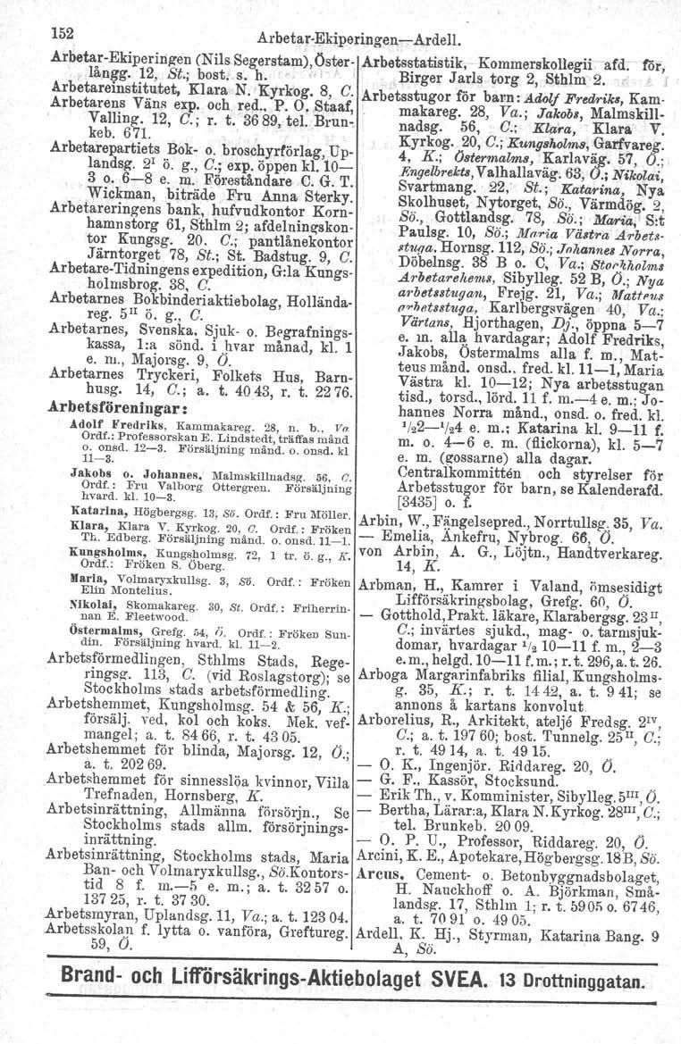152 Arbetar..ij;kiperingen-Ardell..Arbetar- Ekiperingen (Nils Segerstam), Öster-.Arbetsstatistik,..Kommerskollegii. afd. för;..iångg, ~2, St.; bost, s. h.',/. Birger Jarls torg 2, Sthlm 2.