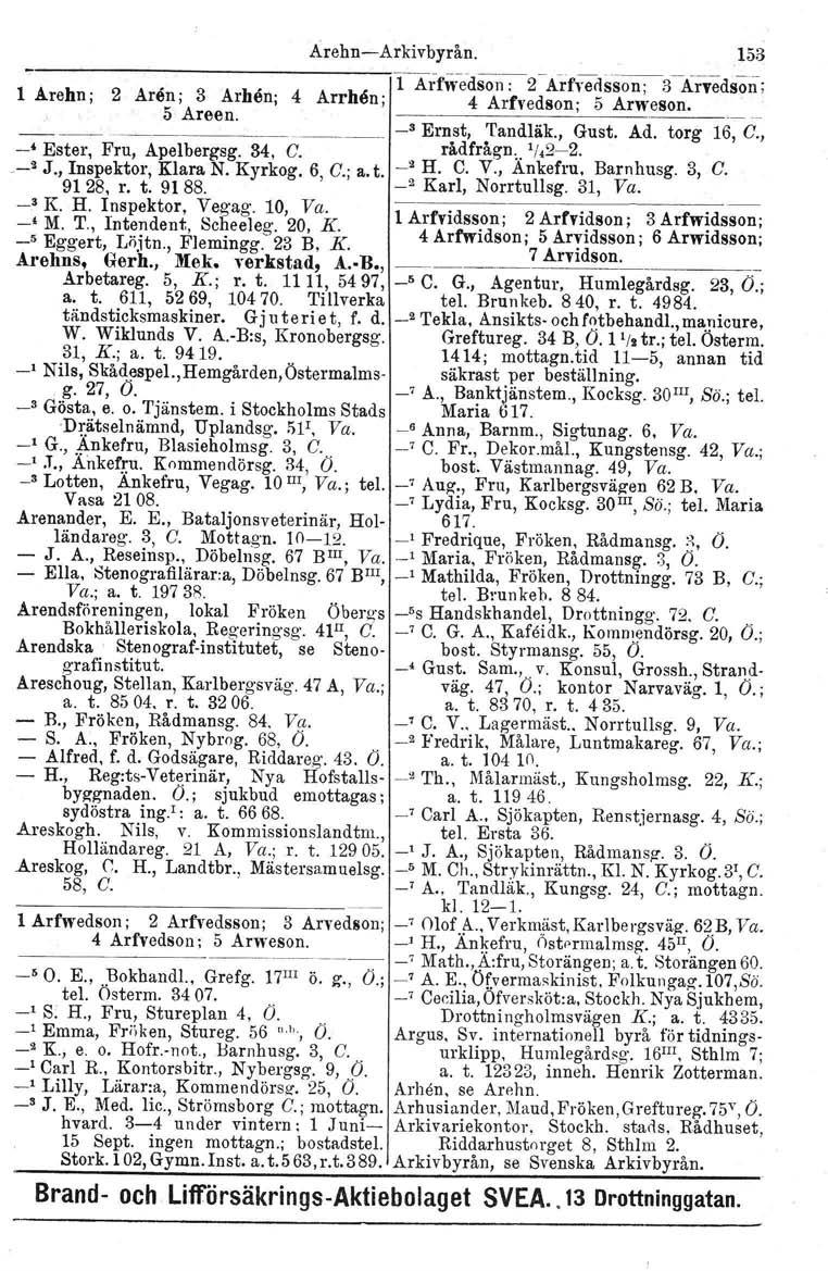 Arehn-Arkivbyrån. 153 1 Arehn; 2 1 Arfwe'dson: 2~Arfyec1sson; 3-Arvedson; 4 4 Arfvedson; 5 Arweson. ---.-------------- Aren; 3 Arhen; 5 Areen. Arrhån; -- ---. ~ ~ ~ _3 Ernst, Tandläk., Gust. Ad.