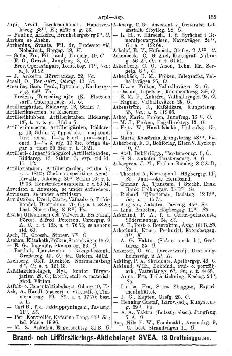 Arpi-Asp. 155 Arpi, Arvid, Järnkramhandl., Handtver- Askberg, C. G., Assistent v.. GeneraIst. Lit. kareg..?8 I11, K.; affär s. g. 36. anstalt, Sibylleg. 28, O.