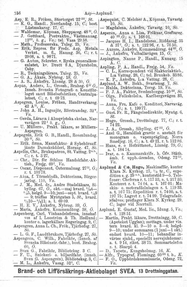 156 Asp-Asplun!d.' Asp.i E. R., Fröken, Sto~torget22m,.St. Aspequist,,C. Melcher A., Köpma~J,~avastg. -.IL G., Handl., Norrlandsg. 15, G., bost. 10. So... '.', 1 Låstmakareg. 17. C.