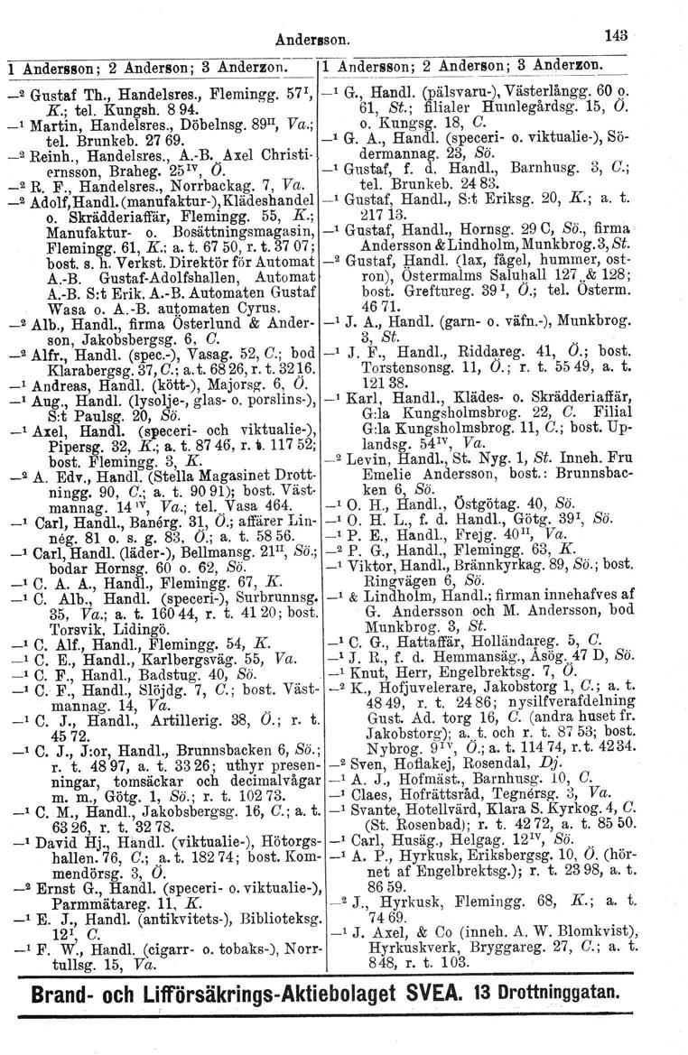 Andersson. 143 1 Andersson; 2 Anderson; 3 Anderzon.!Andersson; 2 Anderso~~~~~llrzon_. 2 Gustaf Th., Handelsres., Flemingg. 57 1, _1 G., Handl. (pälsvaru-), Västerlångg. 60 o. K.; tel. Kungsh. 894.
