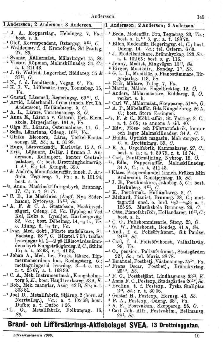 Andersson. 145.lliderS8Oii; 2 Anderson; 3 Anderzon. Il_Andersson; 2 Anderson; 3 Anderzon; _1 J. A., Kopparslag., Helsingeg. 7, Va.; _1 Beda, Modeaffär. Fru, Tegnersg. 23, Va.; bost. s. h. bost, s.
