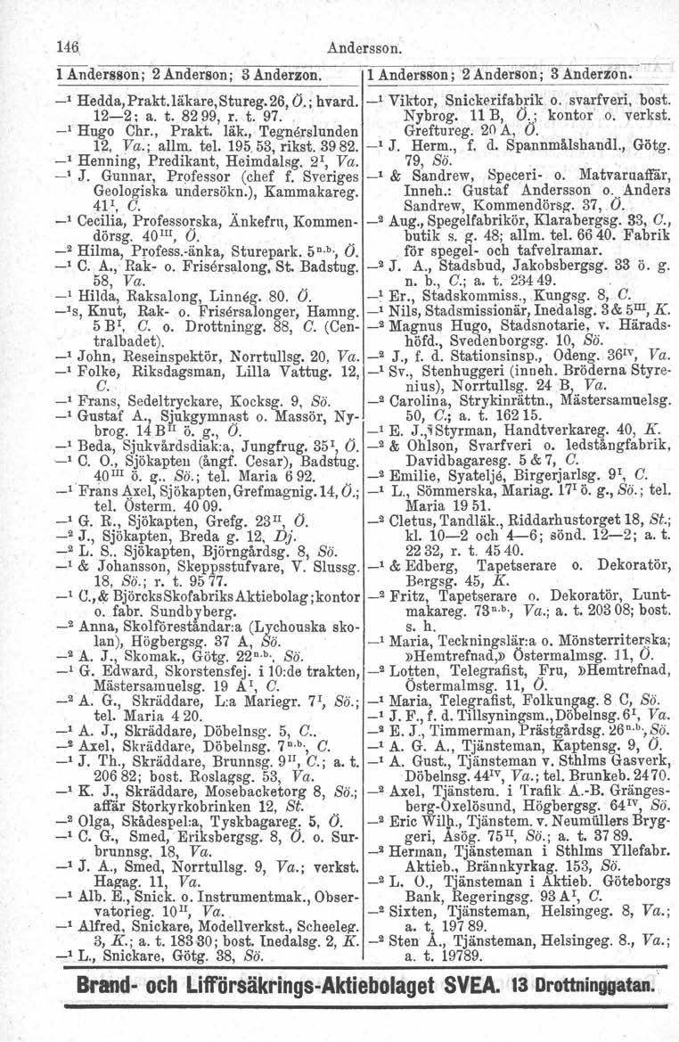 146. Andersson. fatidersson; 2 Anderson; 3 Anderzon. 1 Andersson; 2 Anderson; 3 Anderzon. _, Hedda, Prakt. läkare, Stureg. 26, O.; hvard. _1 Viktor, Snickerifabrik o. svarfveri, bost. 12-2; a. t.