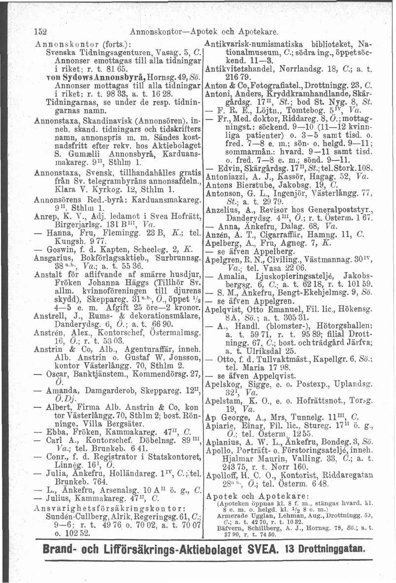 152 ~nnonskontor-apotek och Apotekare. Annonskontor (forts.): Antikvarisk-numismatiska biblioteket, Na- Svenska Tidningsagenturen, Vaeag. 5, C. tionalmnseum, C.; södra ing.