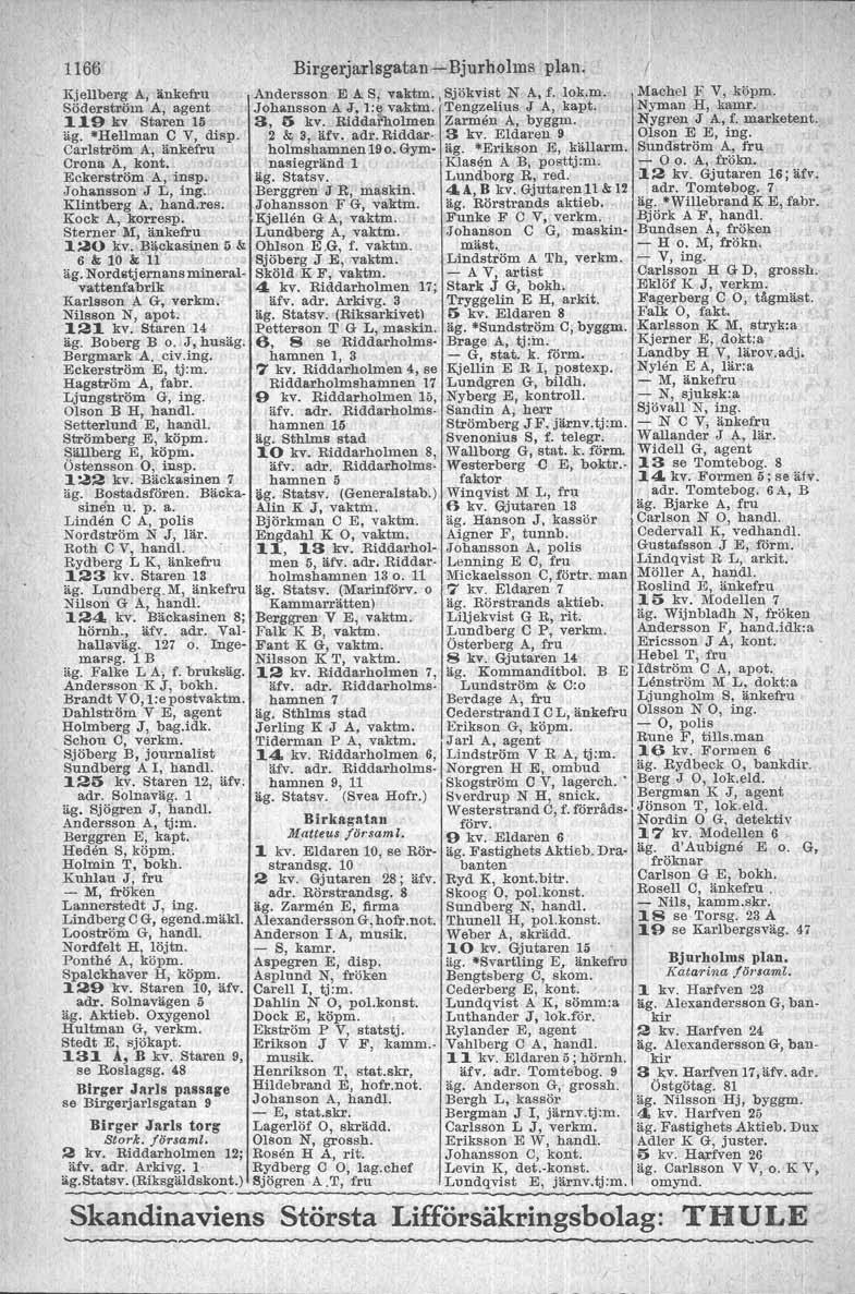 1166 Karlsson A G, verkm. Nilsson N, apot. 121 kv. Staren 14 äg. Boberg B o. J, husäg. Bergmark A. civ.ing. Kjellberg A, änkefru Söderström A, agent 119 kv Staren 15 äg. -Bellman C V, disp.