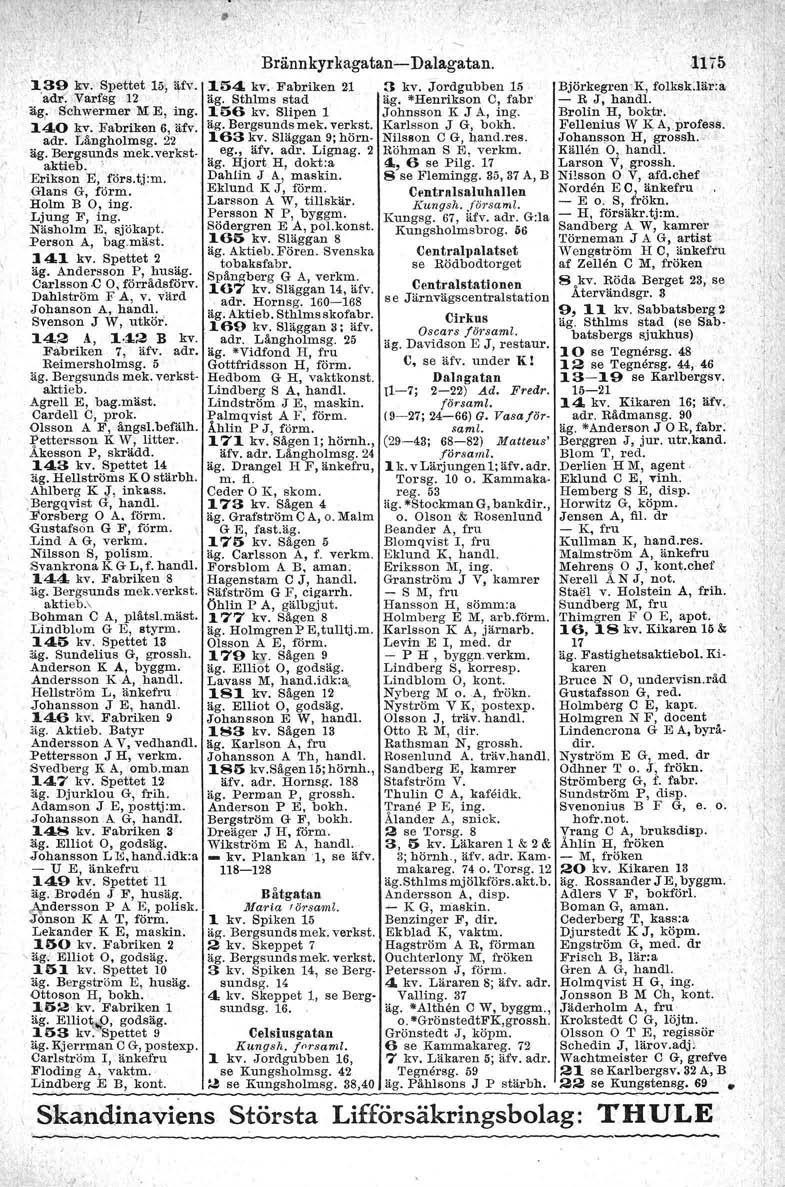 r' \ 1.39 kv. Spettet 15,~fv. adf. Varfsg 12 äg. Schwermer M E, ing. 140 kv. Fabriken 6, äfv. adr. Låugholmeg. 22 äg. Bergsunds mek.verkstaktieb.. Erikson E, förs. t.tm. Glans G, förrn. Holm B 0, ing.