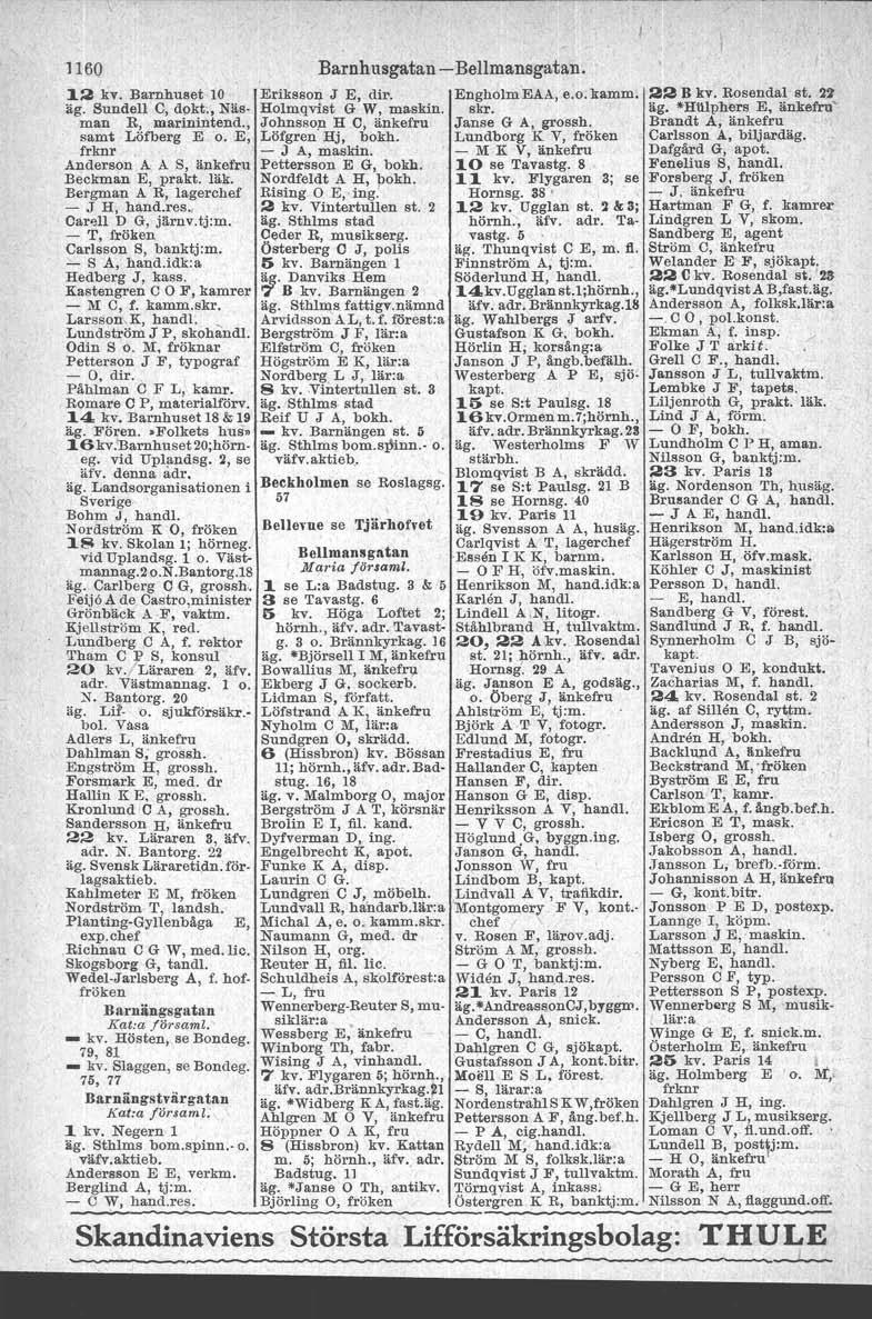 1160 12 kv. Barnhuset 10 äg. Sundelf C, dokt., Näsman R, marinintend., samt Löfberg E o. E, frknr Anderson A A S, änkefru Beckman E, prakt. läk. Bergman A R, lagerchef - J H, hand.rea.