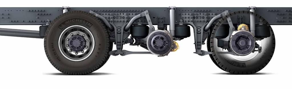 LUFTFJÄDRING FÖR ANLÄGGNINGSFORDON FÖR DRIVANDE FRAMAXEL Luftfjädrad bakaxel finns nu också för Volvo FMX med drivande framaxel (4x4, 6x6, 8x6 och 10x6). Slankare profil. Åtminstone på lastbilen.