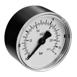 25 Manometer, Serie P1-STD Anslutning bak Bakgrundsfärg: Vit Skalfärger: / Röd Synglas: Polystyrol Enheter: bar / psi Typ Manometer, typ rörfjäder Normering EN 837-1 Enhet huvudskala (yttre) bar