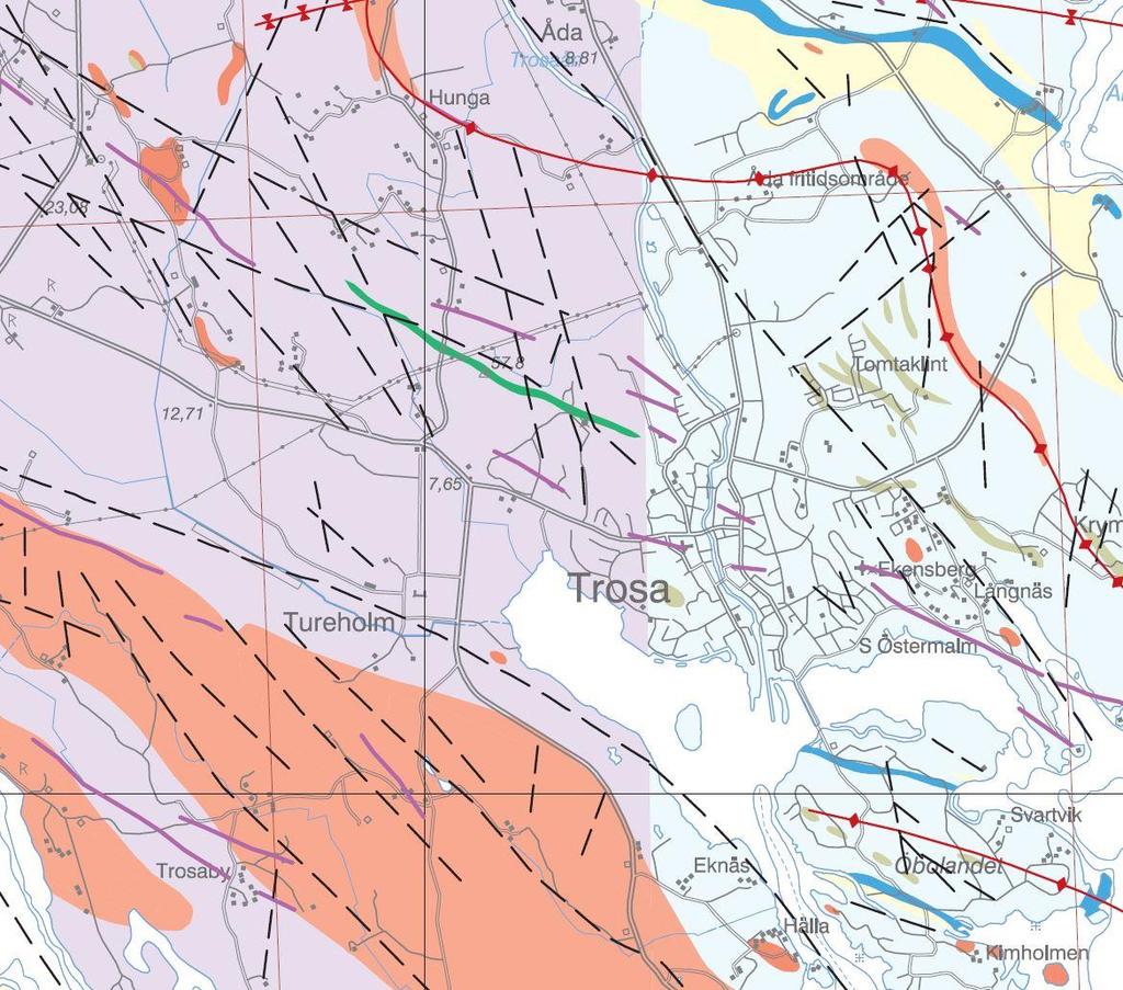 INFART VÄSTRA TROSA Titel MUR, Bergteknik Projektnummer 134151 Dokumentsdatum 2017-09-29 Ärendenummer TRV 2015/6825 Rev datum 6 (7) Figur 2: Berggrundskarta, färgkoder: lila; glimmerrik sedimentär