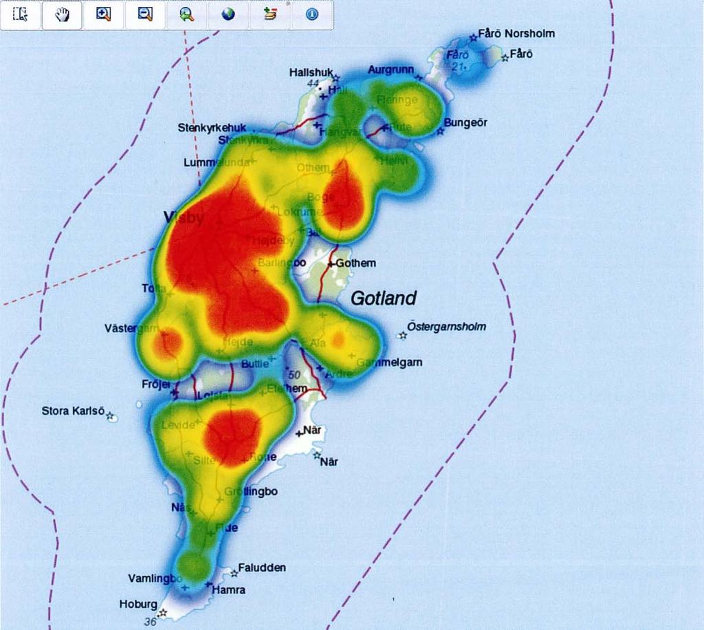 Region Gotland Handlingsprogram för skydd mot olyckor perioden 2017-2019 Geografisk placering ( heatmap ) För att få en bild av vart olyckorna händer har verktyget Heatmap i databasen Core använts.