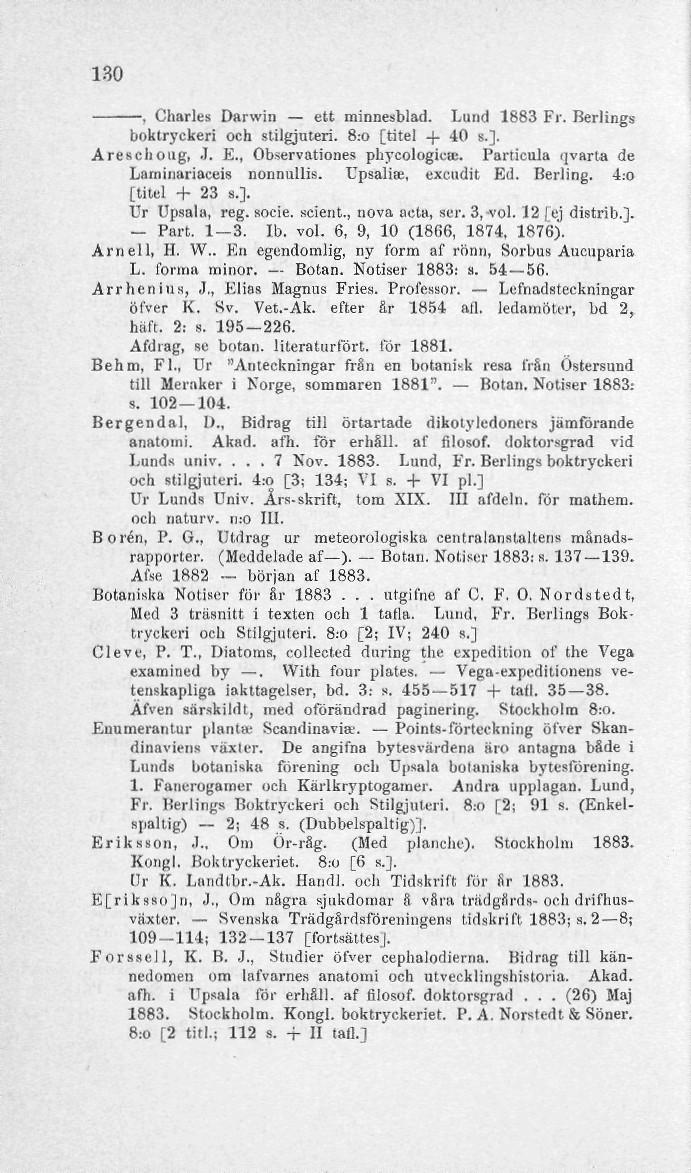130, Charles Darwin ett minnesblad. Lund 1883 Fr. Berlings boktryckeri och stilgjuteri. 8:0 [titel -f- 40 s.]. Areschoug, J. E., Observationes phycologica;.