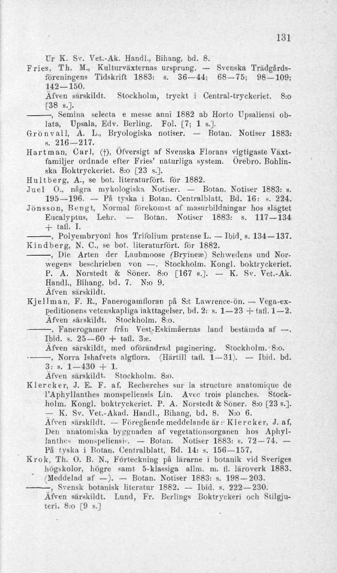 131 IT K. SV. Vet.-Ak. Handl., Bihang, bd. 8. Fries, Tb. M., Kulturväxternas ursprung. Svenska Trädgårdsföreningens Tidskrift 1883: s. 36 44; 68-75; 98-109; 142 150. Äfven sarskildt.