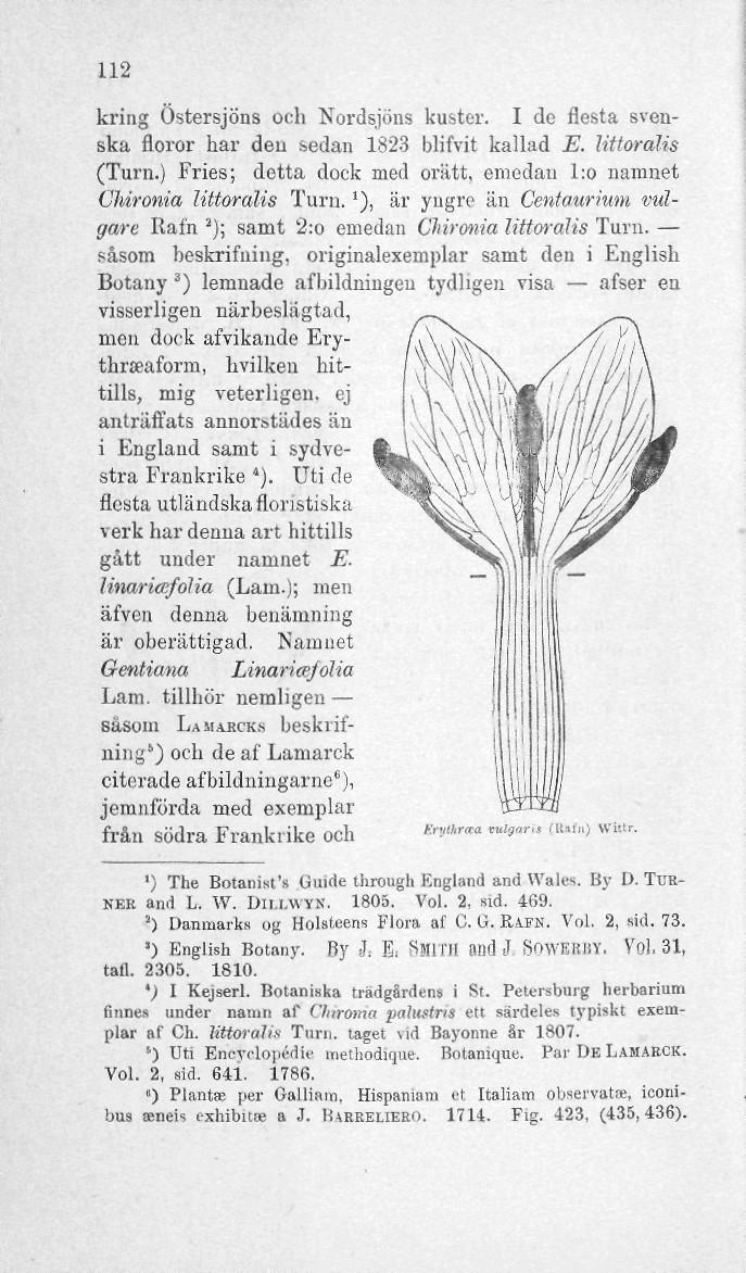 112 kring Östersjöns och Nordsjöns kuster. I de flesta svenska floror har deu sedan 1823 blifvit kallad E. littoralis (Turn.) Fries; detta dock med orätt, emedan l:o namnet Chironia littoralis Turn.