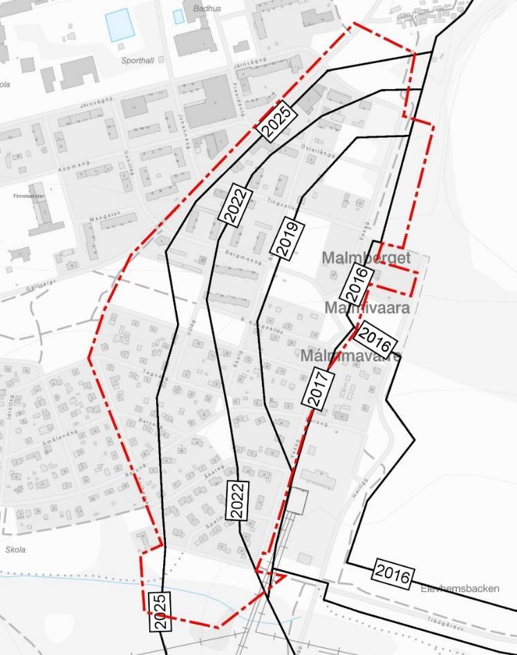 PLAN FÖR INDUSTRISTAKET OCH MILJÖZONER Prognos för industristaket Enligt 9 minerallagen (1991:45) är en koncessionshavare (LKAB) skyldig att sätta upp och underhålla behövligt stängsel på mark som